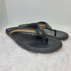 Olukai Kukui Men's Sandals Size 12 Black Leather Flip Flops Thongs Shoes